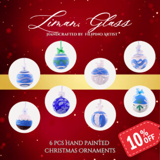 Christmas Balls Big Ornaments Glass Blue Hand Painted Designs  6pcs Set