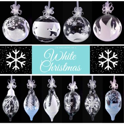 Christmas Balls Big Ornaments Glass White Hand Painted Designs 5 inches 6pcs Set