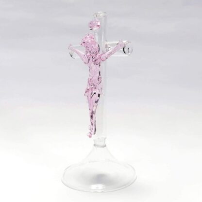 Crucifix with Stand Religious Figurines Glass Pink 4.25" - Image 4