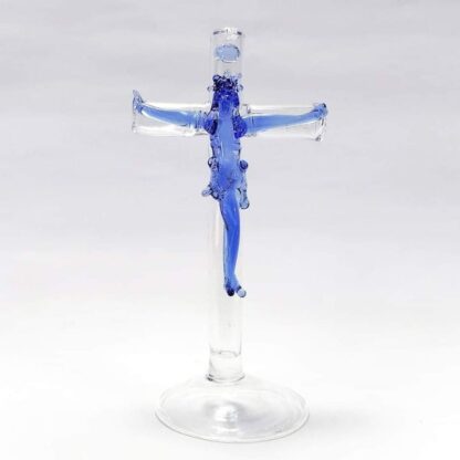 Jesus Cross Crucifix with Stand Religious Figurines Glass Blue 4.25" - Image 3