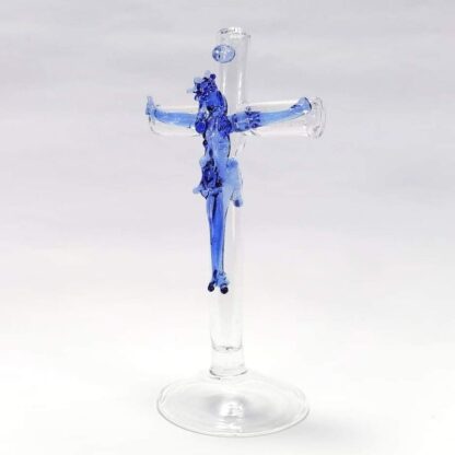 Jesus Cross Crucifix with Stand Religious Figurines Glass Blue 4.25" - Image 4