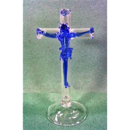 Jesus Cross Crucifix with Stand Religious Figurines Glass Blue 4.25"