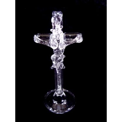 GLASS CRUCIFIX WITH STAND (Clear)- Jesus Christ on the Cross with Standing Base for Home Altar 8cm