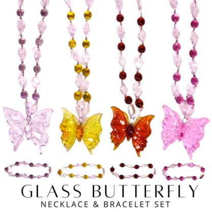 Liman Glass Butterfly Pendant Beads & Diamond Necklace with Bracelet Set for Women