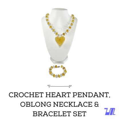 Liman Glass Crochet Heart Pendant, Oblong Necklace Bracelet Set