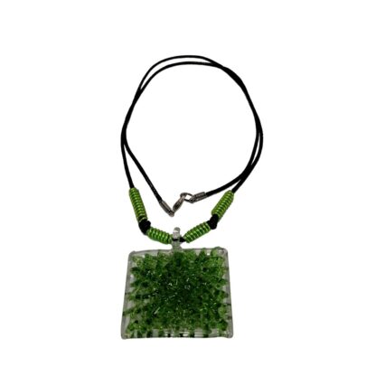 Square Crochet Glass Pendant with Alum Wire Accent Necklace