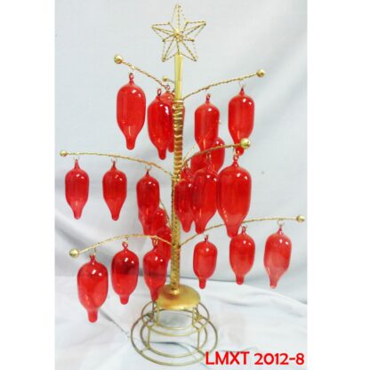 Tabletop Mini Christmas Tree w/ Mini Red Glass Oblong Xmas Ornaments