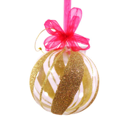 Glass Christmas Balls Ornaments Gold Glitter Swirl Design & Organza Ribbon for Xmas Tree