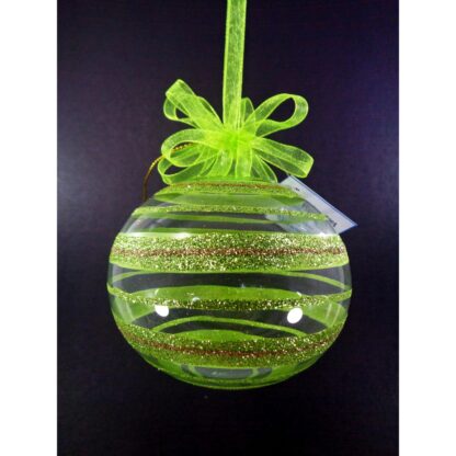 Set of 6pc Glass Christmas Ornaments with Green Stripe Glitter Design & Organza Ribbon for Xmas Tree